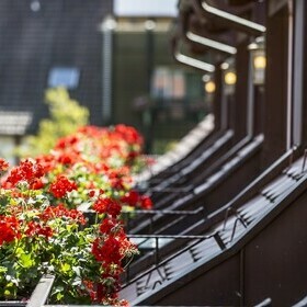 Balkone mit Geraniern der Zimmer im Gasthaus goldener Engel