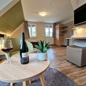 Einrichtung mit Sitzgelegenheiten und helle Atmosphre im Zimmer des Gasthaus goldener Engel