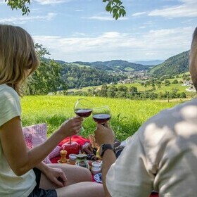Picknick mit Rotwein und auf einer Wiese im Glottertal mit herrlicher Aussicht